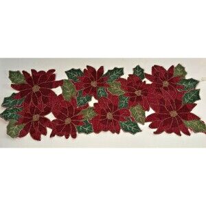 Christmas Holiday Red Poinsettia Beaded Table Runner 13 x 36 Houseful Polyester